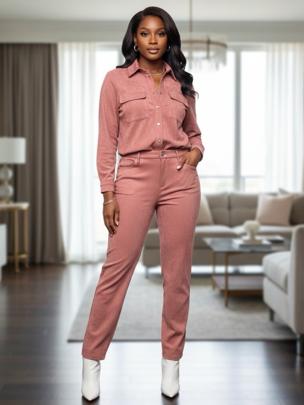Jones New York Faux Suede Matching Set Pink 2-Piece Button Down Pants Suit 10